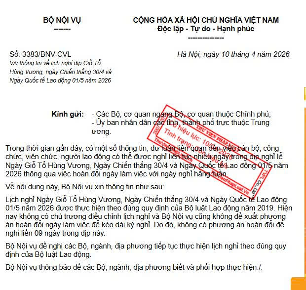 Bộ nội vụ đã có văn bản trả lời về lịch nghỉ lễ sắp tới.