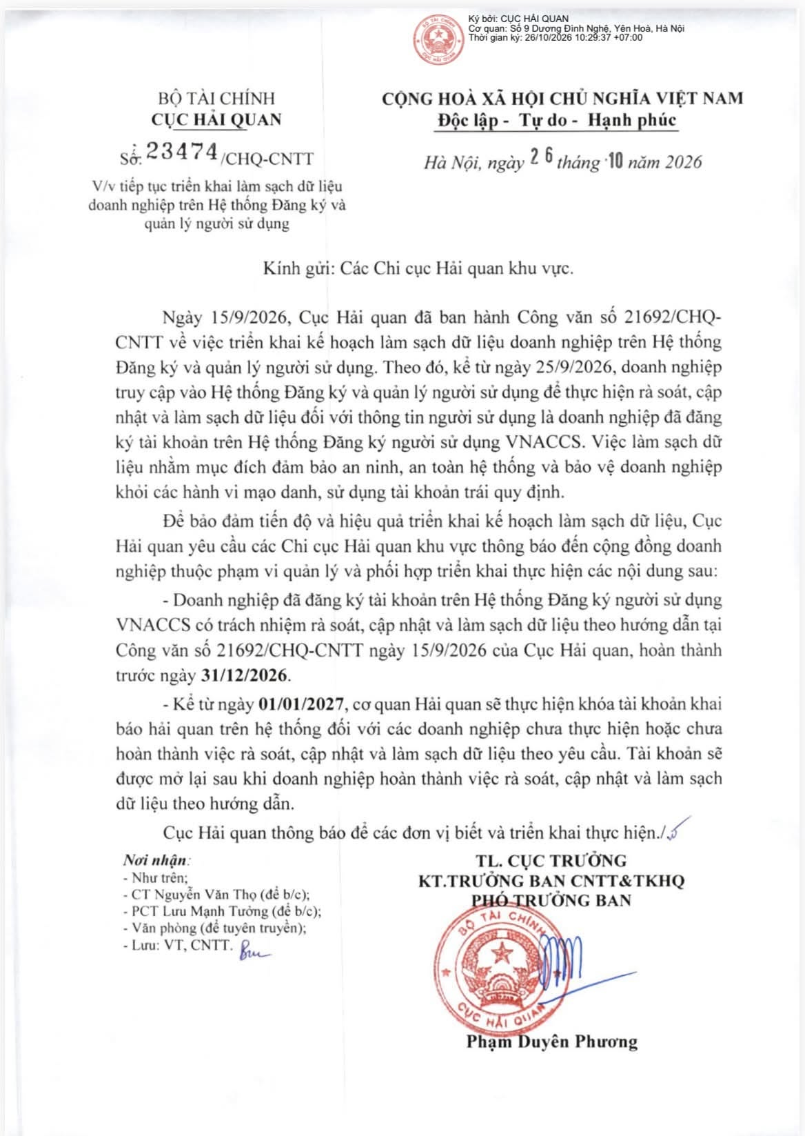 Công văn 23474/CHQ-CNTT ngày 26/10/2026 về việc tiếp tục triển khai làm sạch dữ liệu doanh nghiệp x