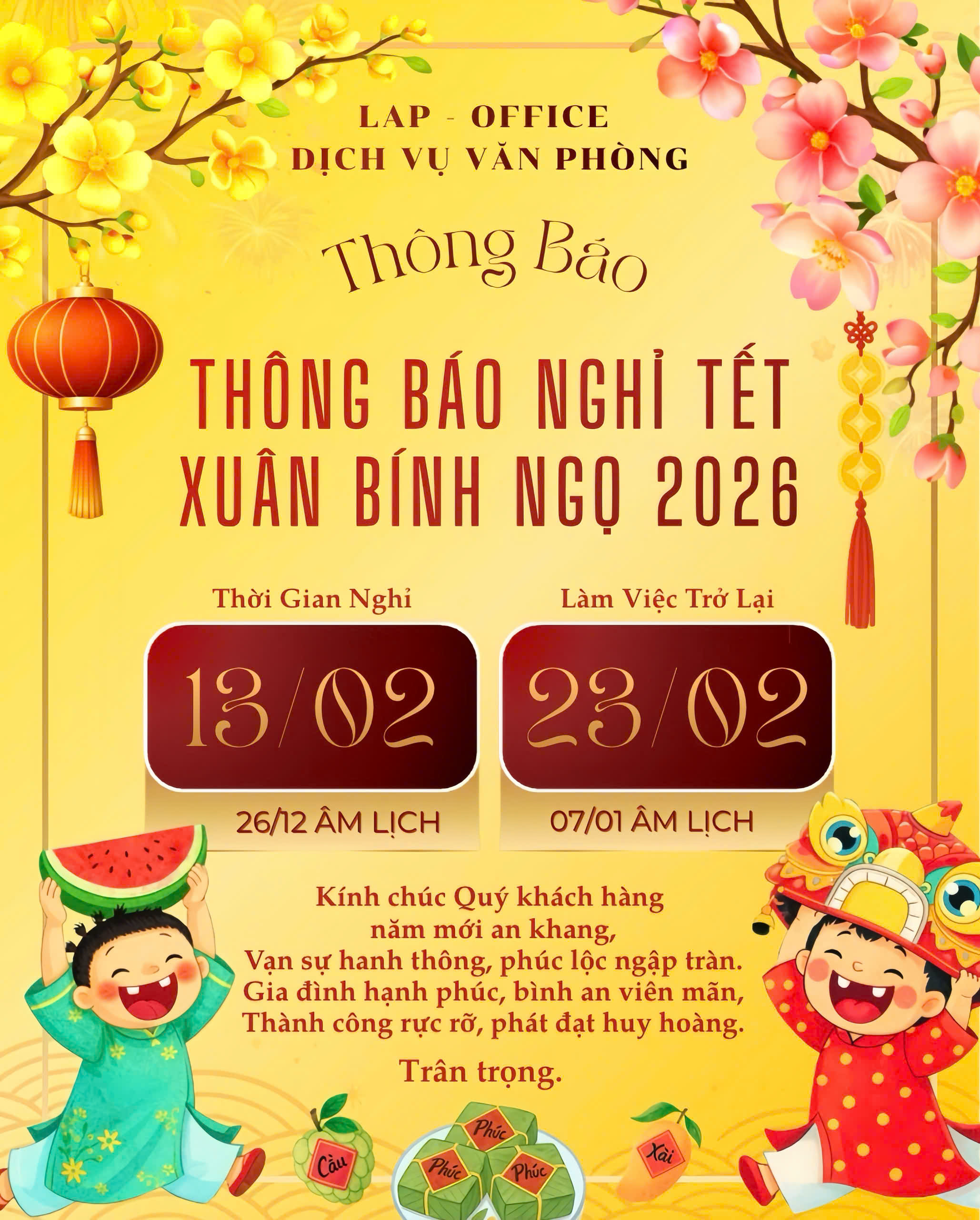 LAP-OFFICE THÔNG BÁO LỊCH NGHỈ TẾT ÂM LỊCH XUÂN BÍNH NGỌ NĂM 2026