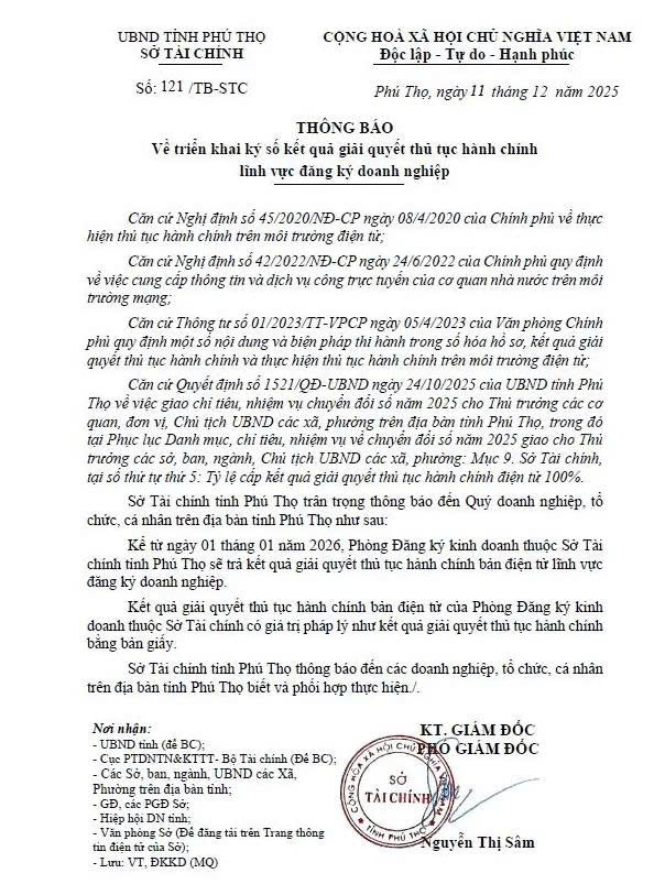 Phú Thọ triển khai ký số và trả kết quả điện tử thủ tục đăng ký doanh nghiệp từ 01/01/2026