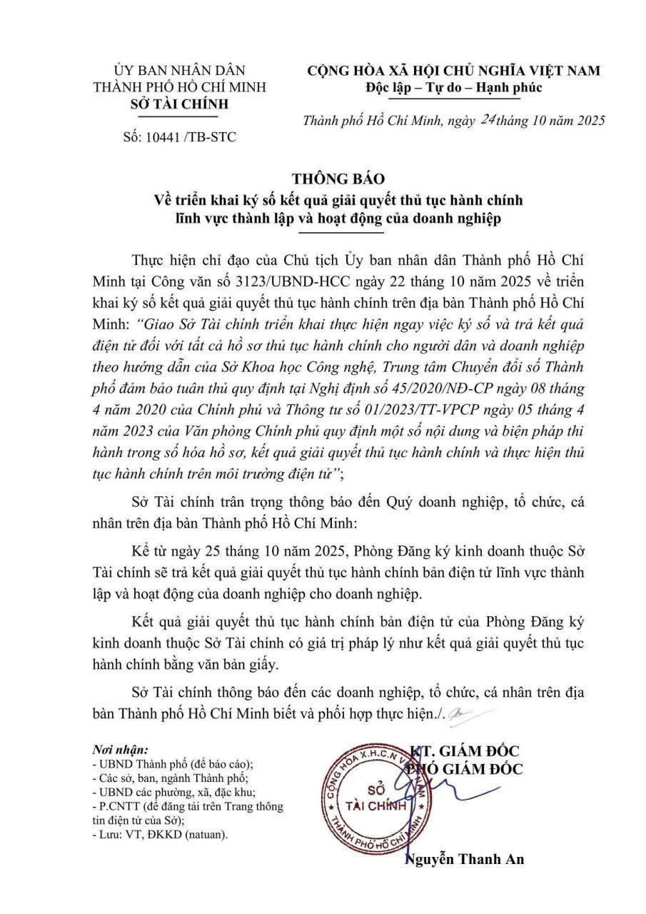 Sở Tài Chính Thành phố Hồ Chí Minh Thông báo trả kết quả đăng ký doanh nghiệp bằng ký số