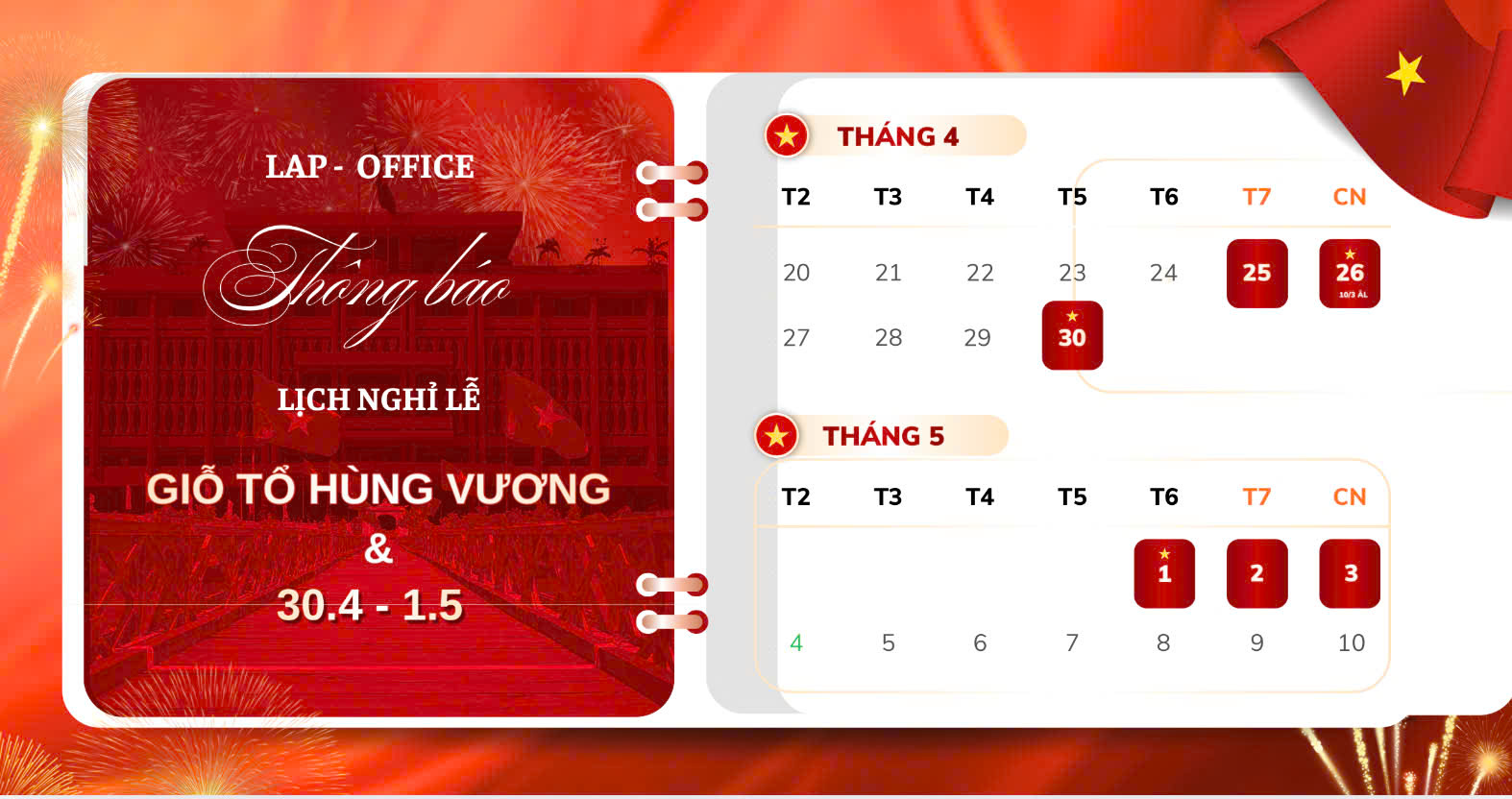 THÔNG BÁO NGHỈ LỄ GIỖ TỔ HÙNG VƯƠNG VÀ NGÀY GIẢI PHÓNG MIỀN NAM (30/4) – QUỐC TẾ LAO ĐỘNG (1/5)